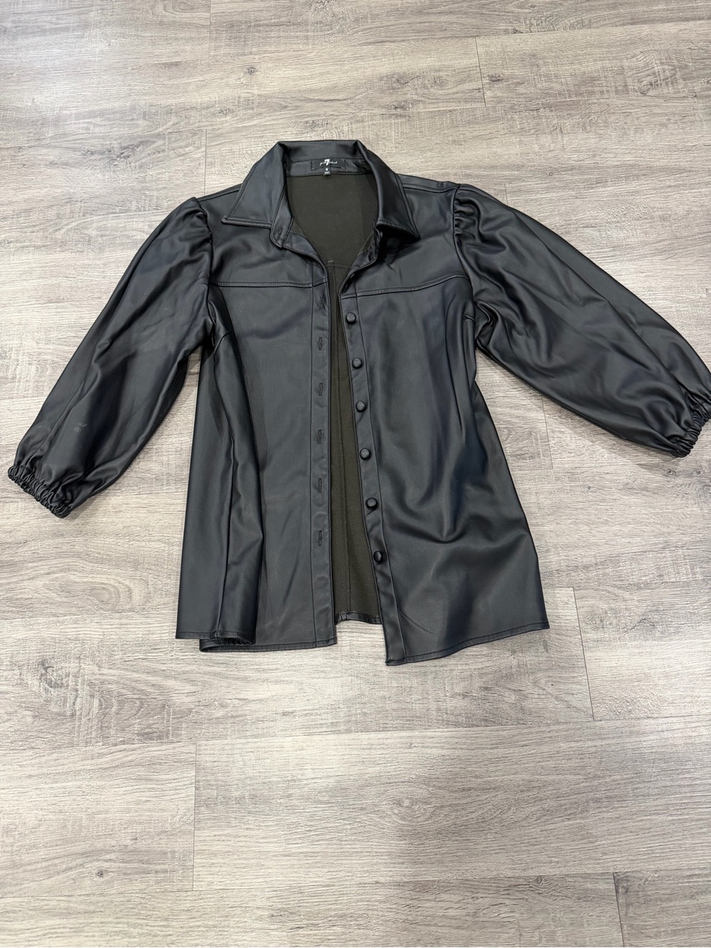 NWOT 7 For All Mankind Black Faux Leather Button-Front Jacket with Puff Sleeves